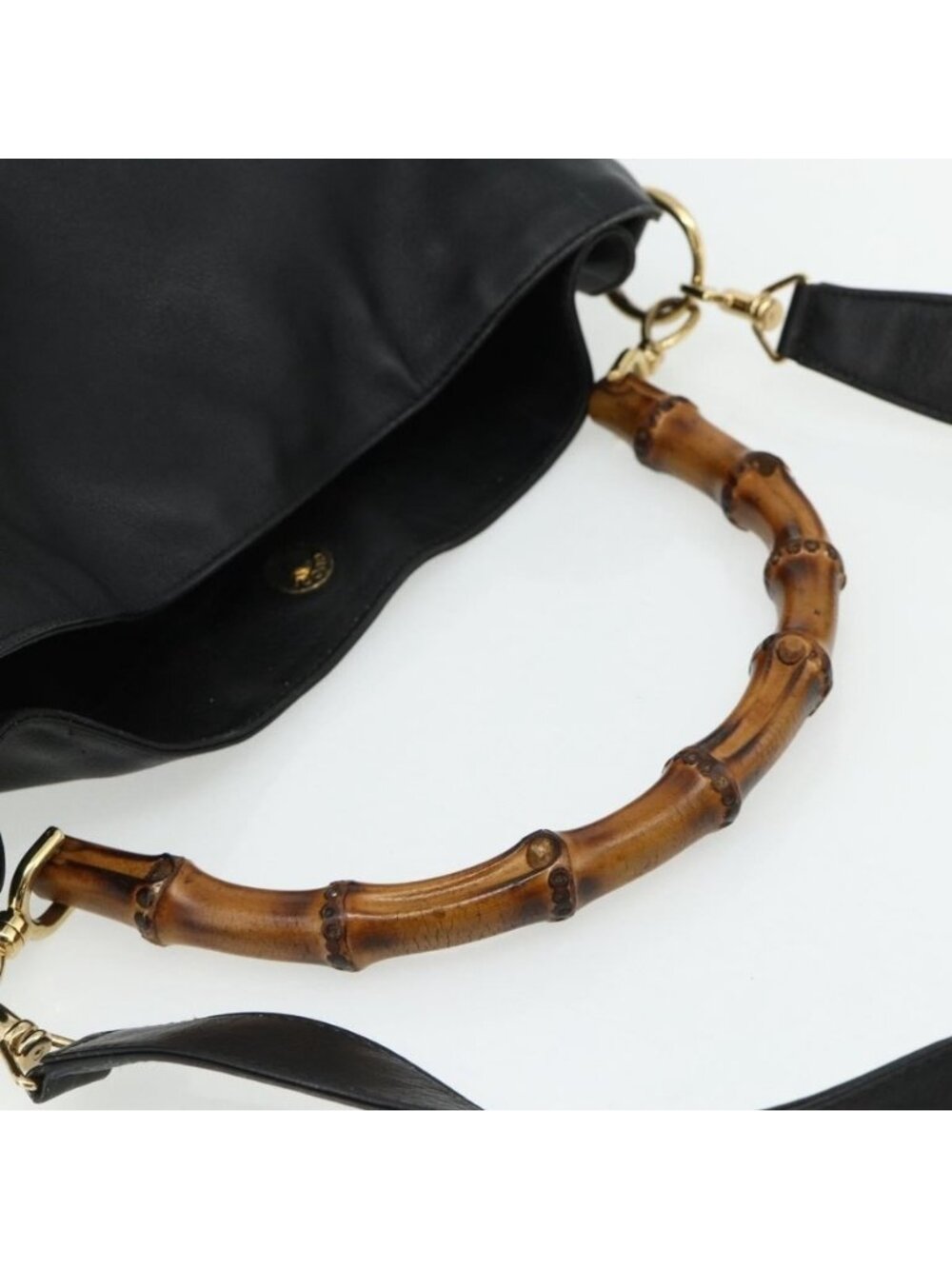 Authentic GUCCI Bamboo Shoulder Bag Leather 2way Black Gold 001 1577 - Picture 14 of 16